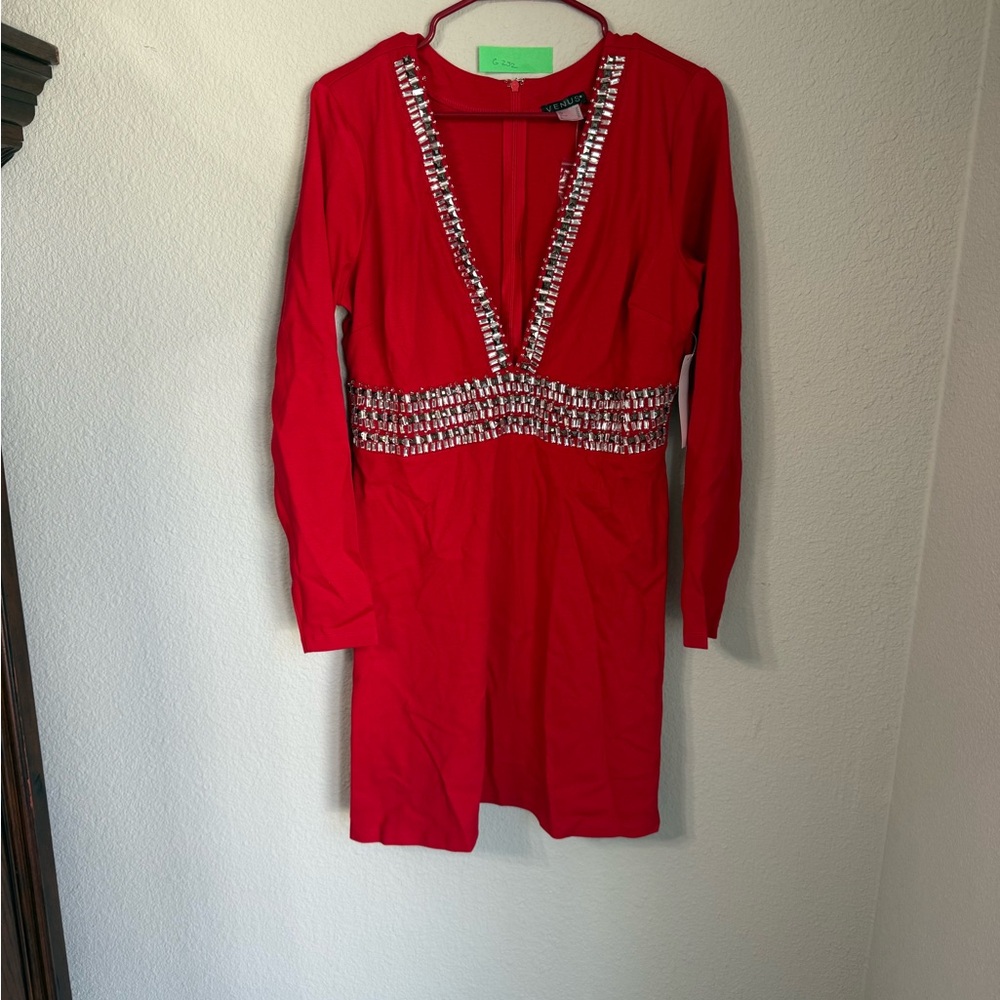 Red Long Sleeve Venus Dress with Silver Accents